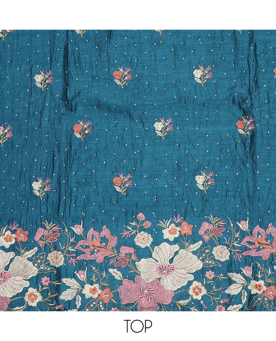 Blue material chudidar set, floral theme thread and stone embroidered top, plain bottom and scallop floral embroidered dupatta