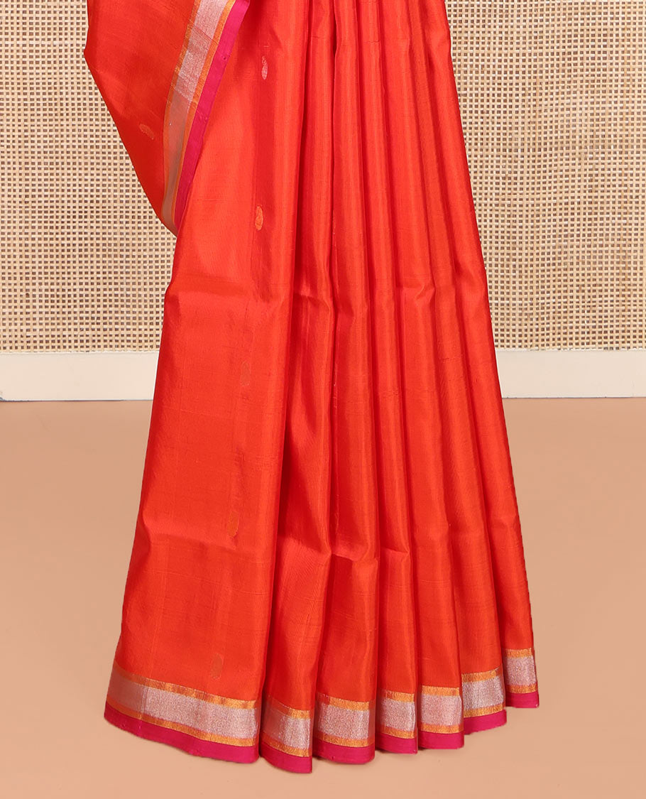 Orange Uppada Silk Saree, Decked Up with Paisley Buttas All Over Its Body, Complemented by Contrast Zari Bavanji Border, Pallu of Floral Designs, and Paired with a Contrast Blouse