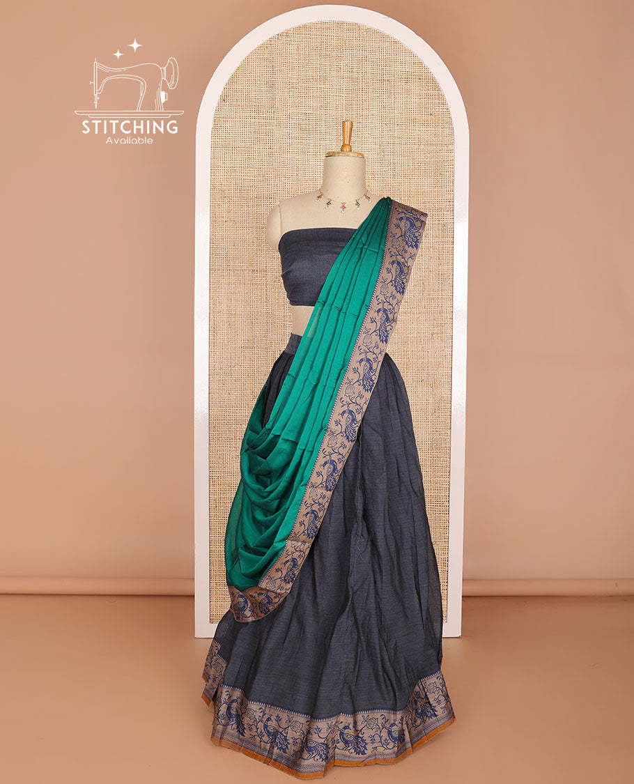 Dark grey cotton half saree with peacock design border, peacock, floral design blouse & floral, peacock design border dhavani