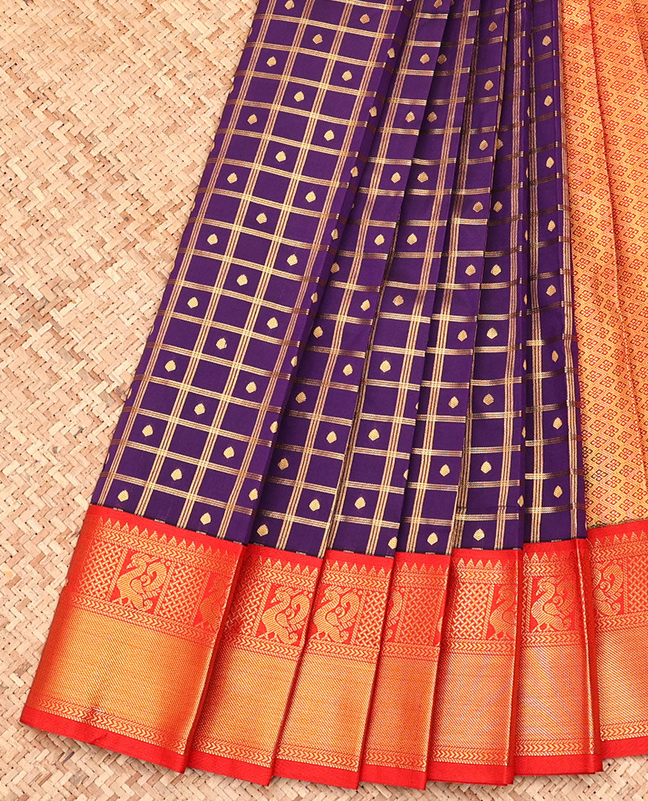 Purple Budget Silk Saree, Embellished with Zari Butta Enclosed Checked Design All Over Its Body, Complemented by a Contrast Traditional Zari Design Border, Grand Jaal Pallu, and Paired with a Contrast Blouse