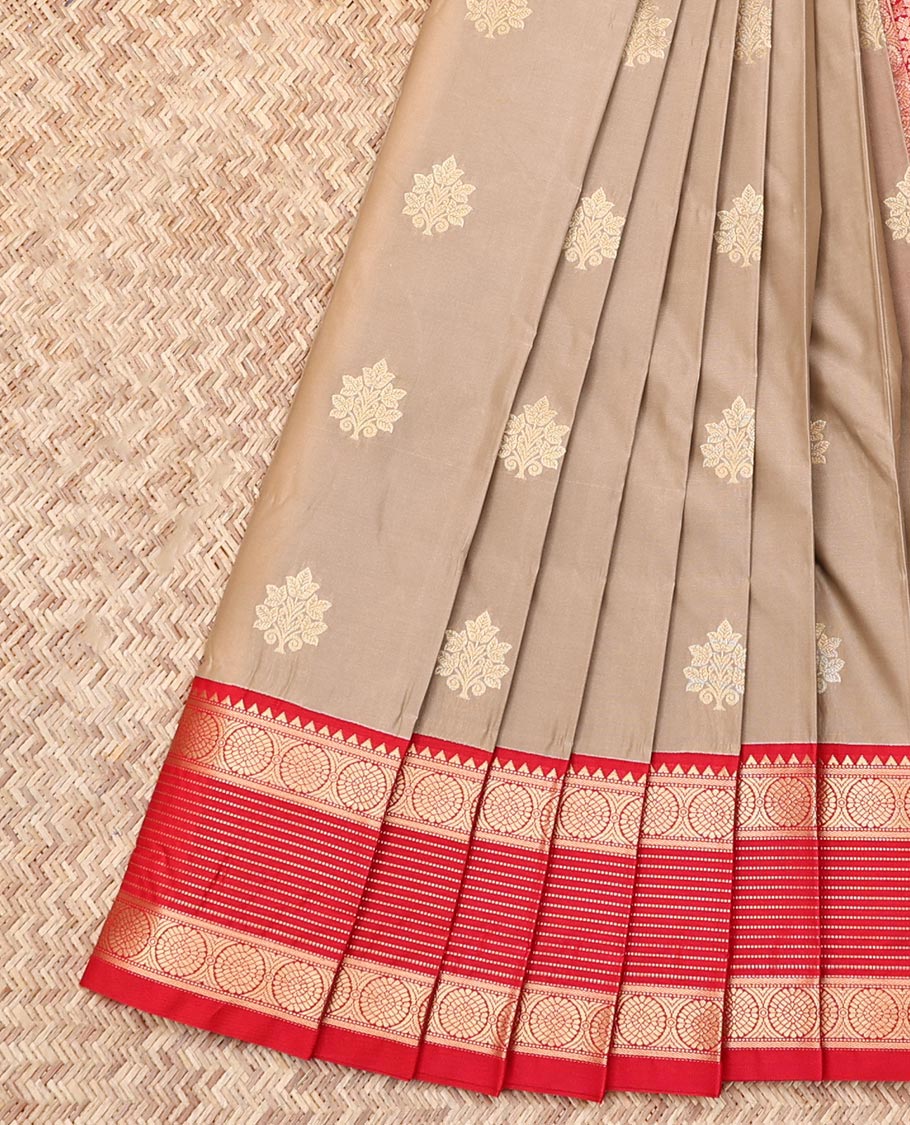 Grey Budget Silk Saree, Sparsely Threaded with Zari Buttas, Contrast Traditional Zari Border, Grand Pallu, and a Contrast Blouse