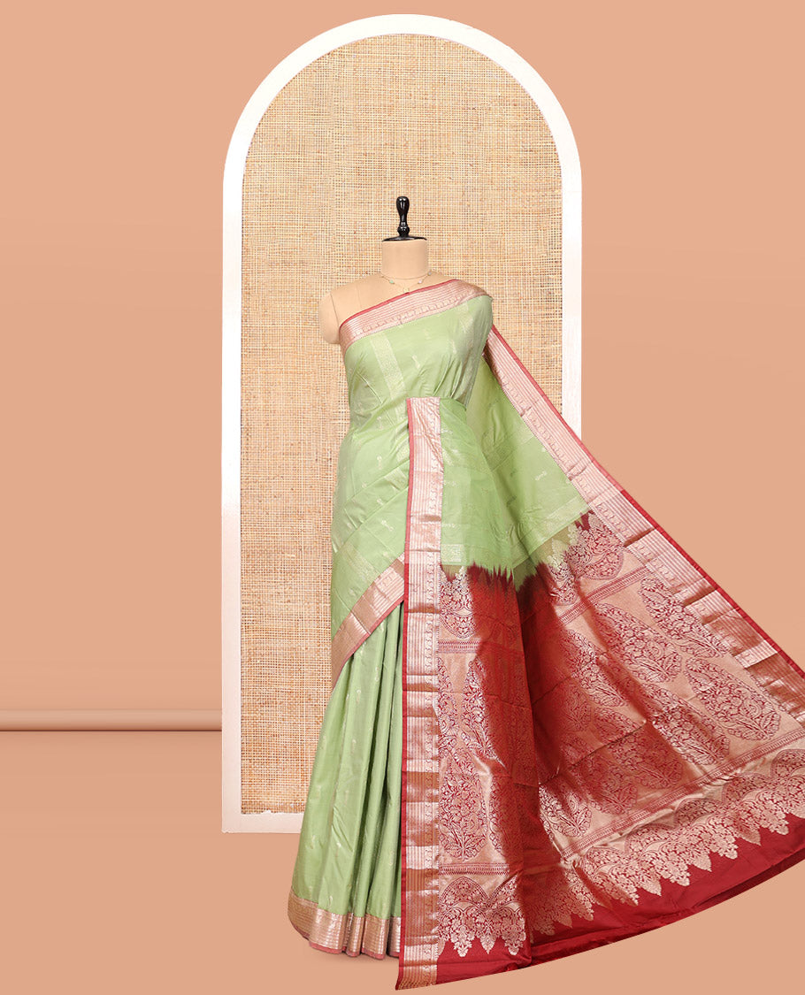 Elaichi Green Budget Silk Saree, Subtly Sparkled with Zari Buttas, Complemented by Contrast Traditional Zari Border, Grand Pallu, and Contrast Blouse