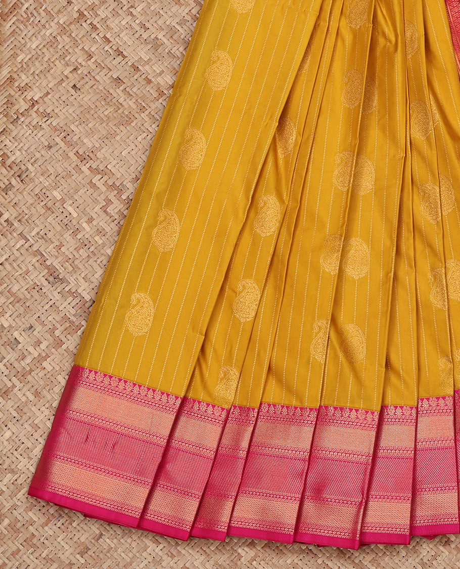 Mustard Budget Silk Saree, Accentuated with Paisley Buttas and Stripes All Over Its Body, Complemented by a Contrast Traditional Zari Border, Grand Pallu, and Paired with a Contrast Blouse