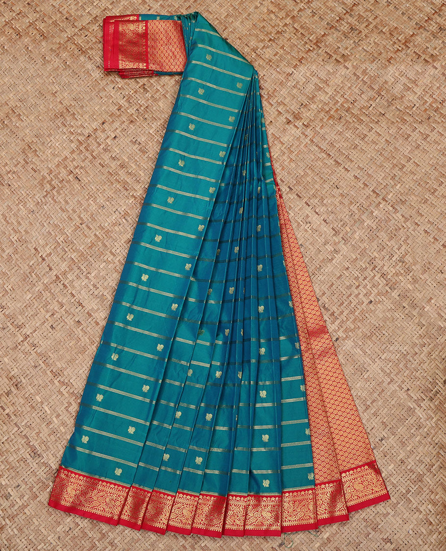 Blue Budget Silk Saree, Accentuated with Zari Buttas and Stripes All Over Its Body, Complemented by a Contrast Traditional Zari Design Border, Grand Jaal Pallu, and Paired with a Contrast Blouse