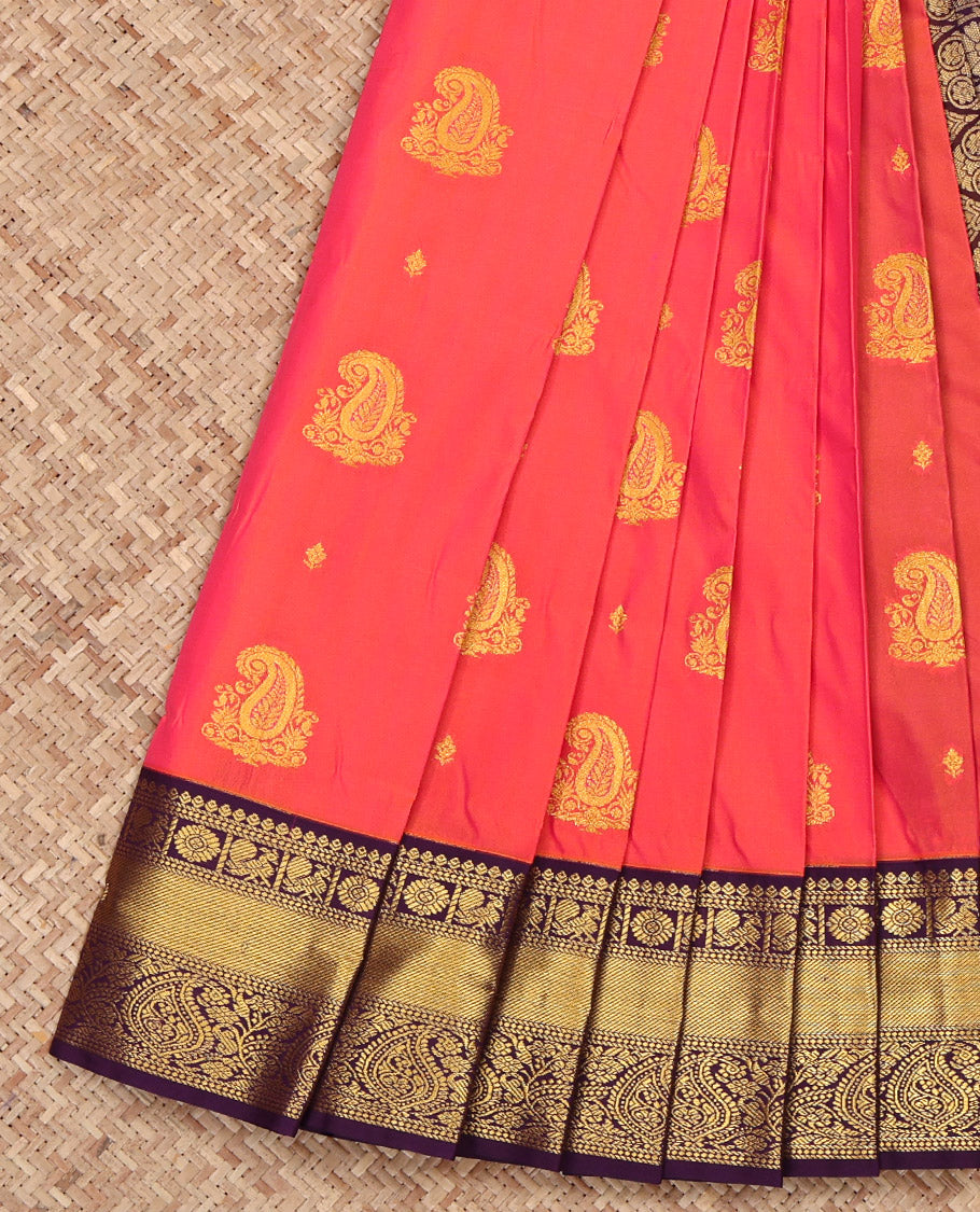 Pink and Orange Budget Silk Saree, Adorned with Zari Buttas on Its Body, Complemented by a Contrast Traditional Zari Design Border, Grand Pallu, and Paired with a Contrast Blouse