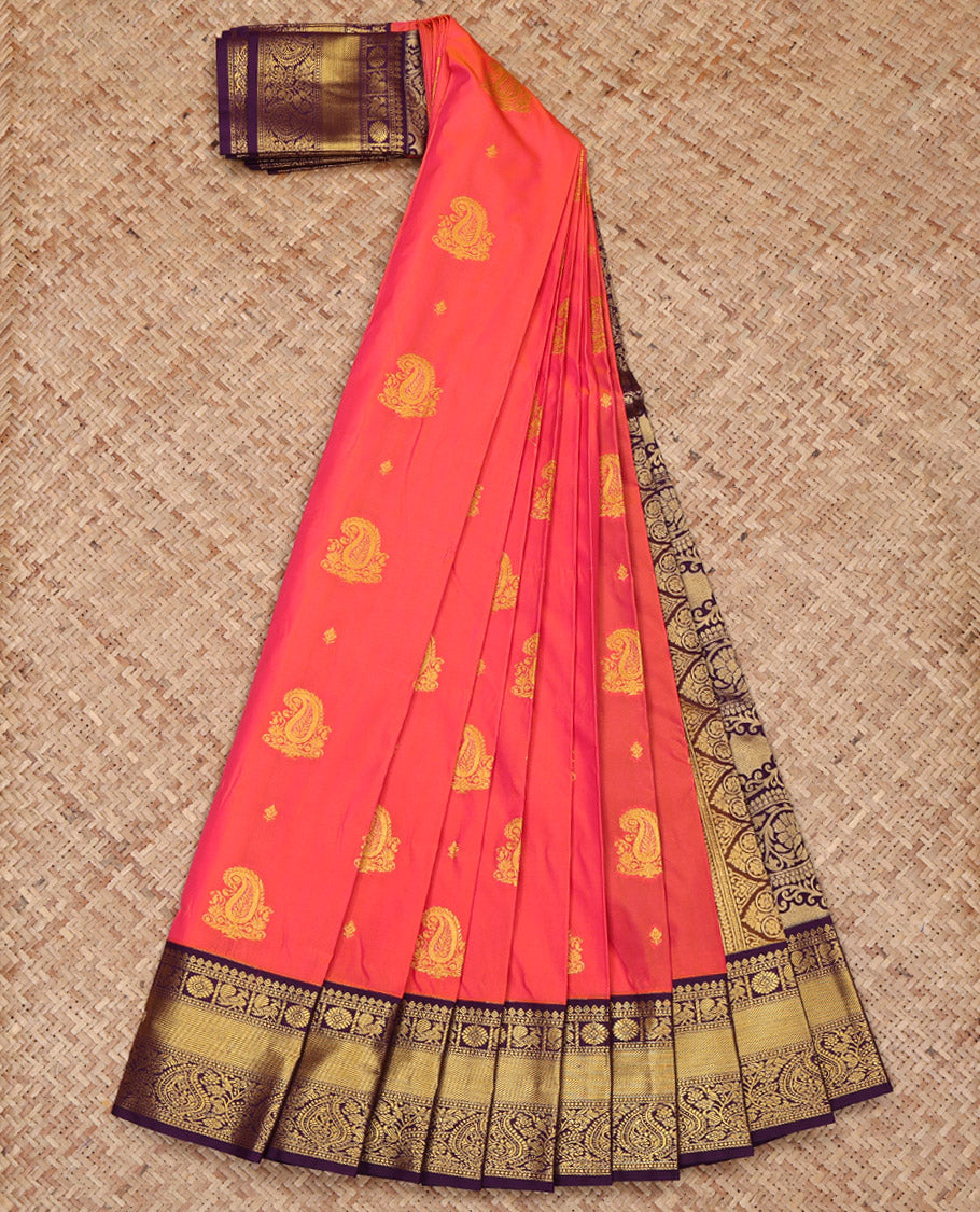 Pink and Orange Budget Silk Saree, Adorned with Zari Buttas on Its Body, Complemented by a Contrast Traditional Zari Design Border, Grand Pallu, and Paired with a Contrast Blouse