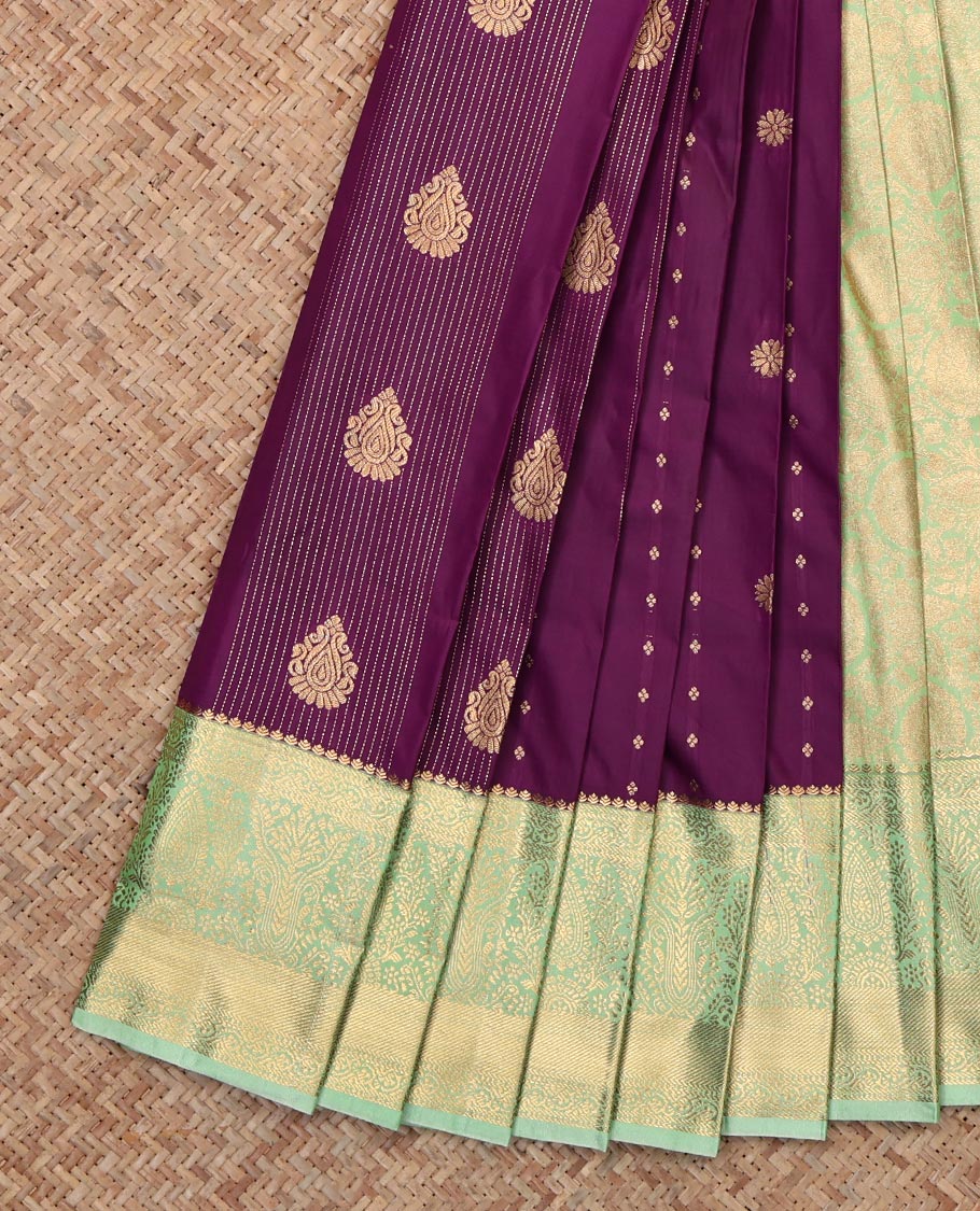 Wine Budget Silk Saree, Enriched with Zari Buttas and Stripes, Complemented by Contrast Traditional Zari Border, Grand Pallu and a Contrast Blouse