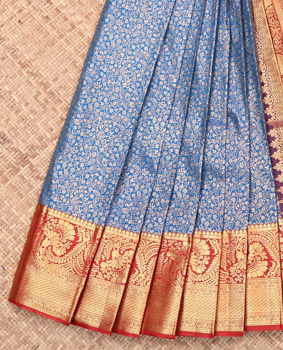 Blue Budget Silk Saree, Highlighted with Zari Buttas and Checks, Complemented by Contrast Traditional Zari Border, Intricate Pallu, and Contrast Blouse