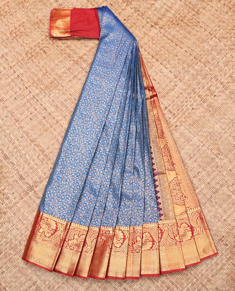 Blue Budget Silk Saree, Highlighted with Zari Buttas and Checks, Complemented by Contrast Traditional Zari Border, Intricate Pallu, and Contrast Blouse