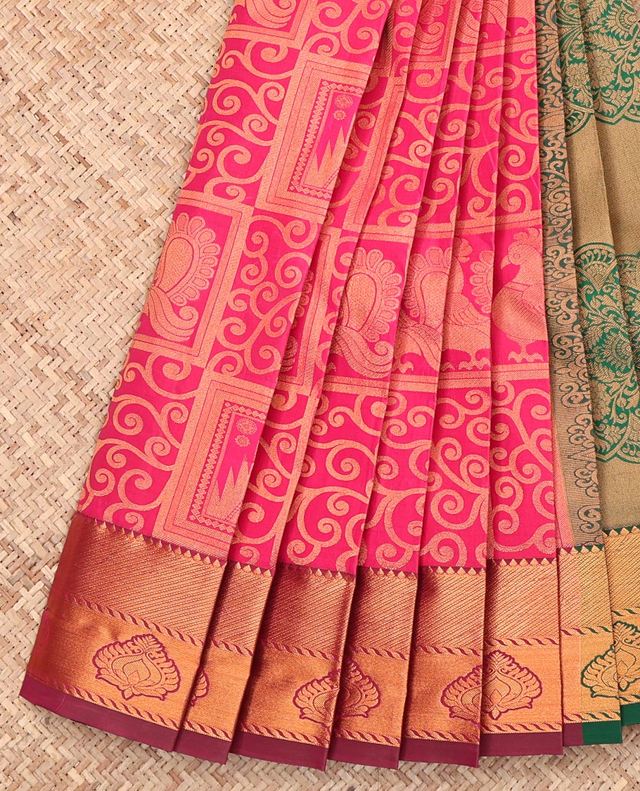 Pink Budget Silk Saree, Dazzled with Jacquard Design, Complemented by a Contrast Zari Border, Grand Pallu, and a Contrast Blouse
