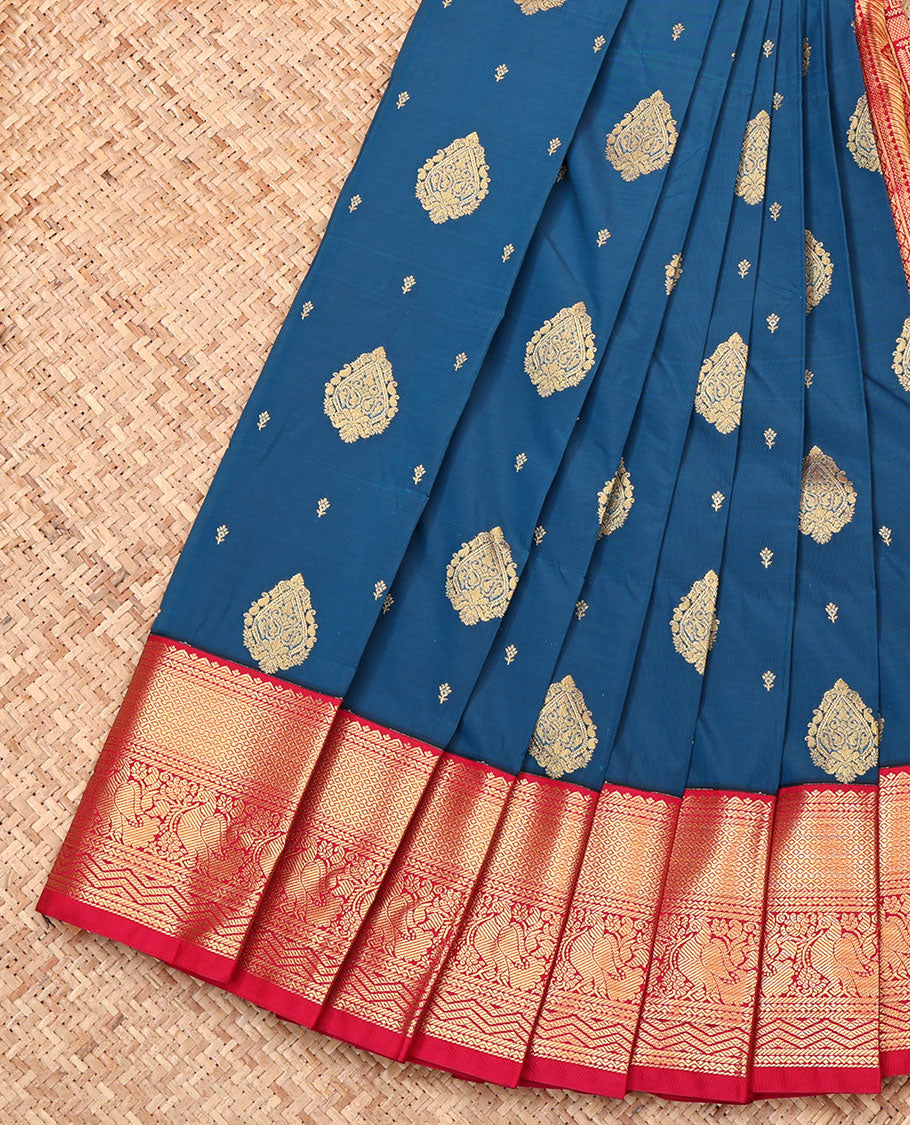 Blue Budget Silk Saree, Embellished with Zari Buttas, Complemented by Contrast Traditional Zari Border, Grand Pallu, and a Contrast Blouse