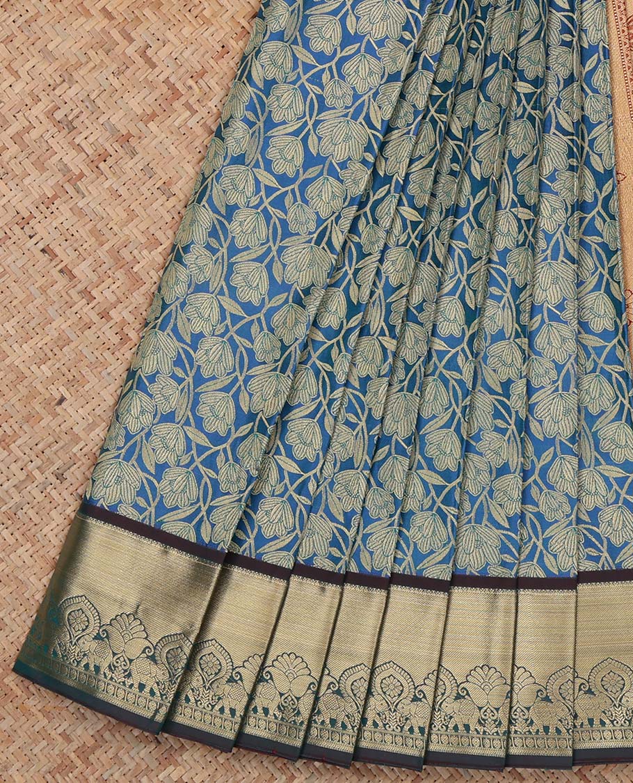 Blue Budget Silk Saree, Enthralled with Floral Vine Design, Complemented by Contrast Traditional Zari Border, a Jaal Pallu and a Contrast Blouse