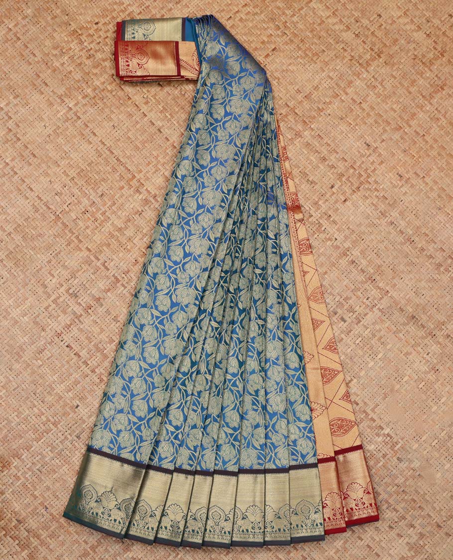 Blue Budget Silk Saree, Enthralled with Floral Vine Design, Complemented by Contrast Traditional Zari Border, a Jaal Pallu and a Contrast Blouse