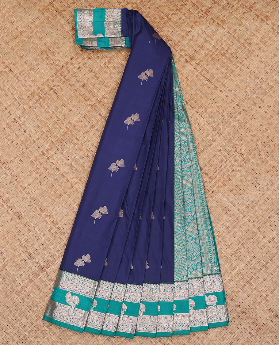 Navy Budget Silk Saree, Woven with Zari Buttas, Complemented by a Contrast Traditional Zari Border, Grand Pallu, and a Contrast Blouse