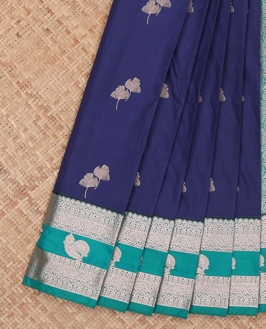 Navy Budget Silk Saree, Woven with Zari Buttas, Complemented by a Contrast Traditional Zari Border, Grand Pallu, and a Contrast Blouse