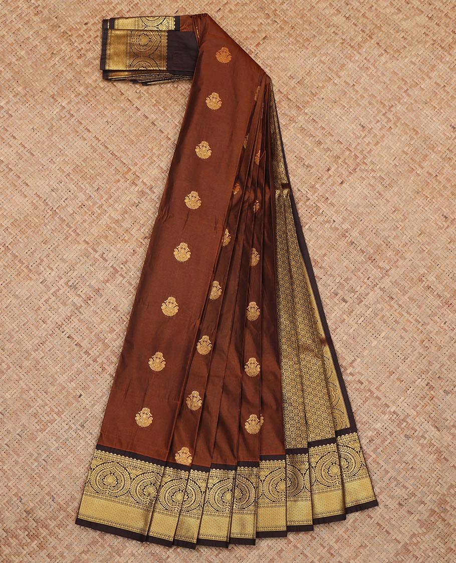 Brown Budget Silk Saree, Mesmerized with Zari Buttas, a Contrast Traditional Zari Border, a Grand Pallu and a Contrast Blouse