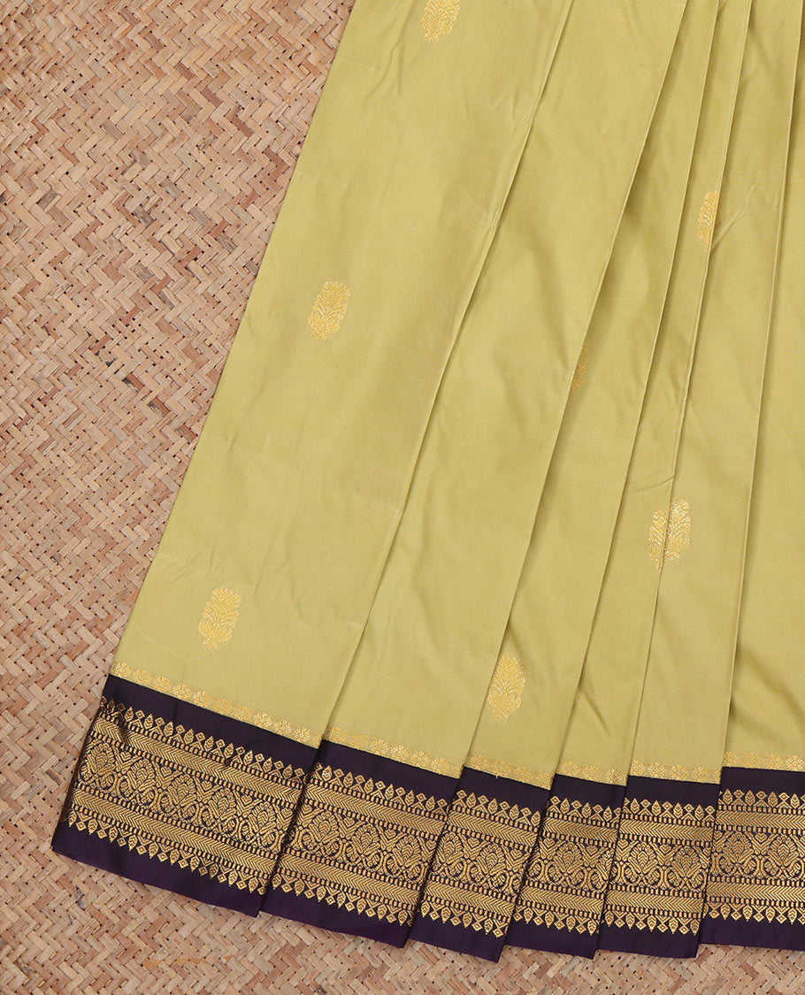 Green Budget Silk Saree, Delicately Woven Zari Buttas, Complemented by Contrast Traditional Zari Border, a Jaal Pallu and a Contrast Blouse