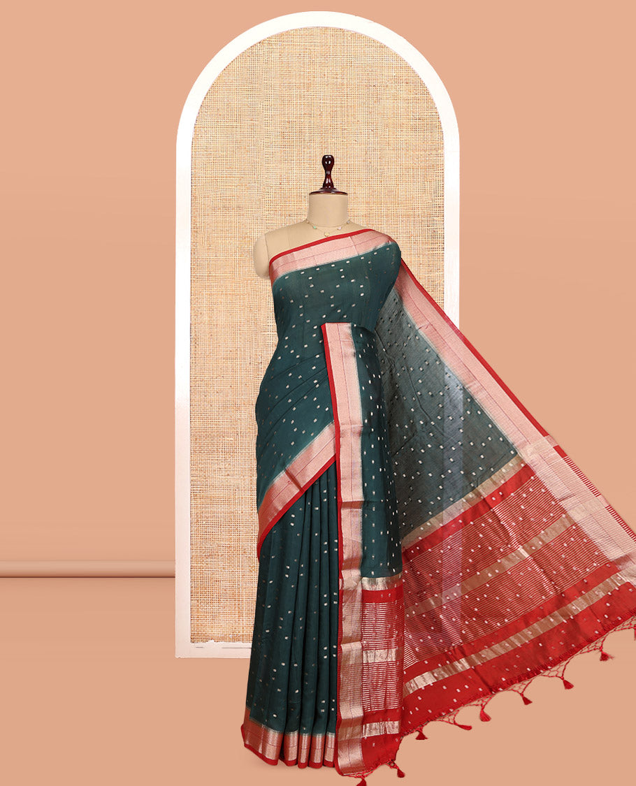 Green Assam Silk Saree, Spotlighted with Zari Buttas, Complemented by Contrast Traditional Zari Border, Zari Woven Pallu, and Contrast Blouse