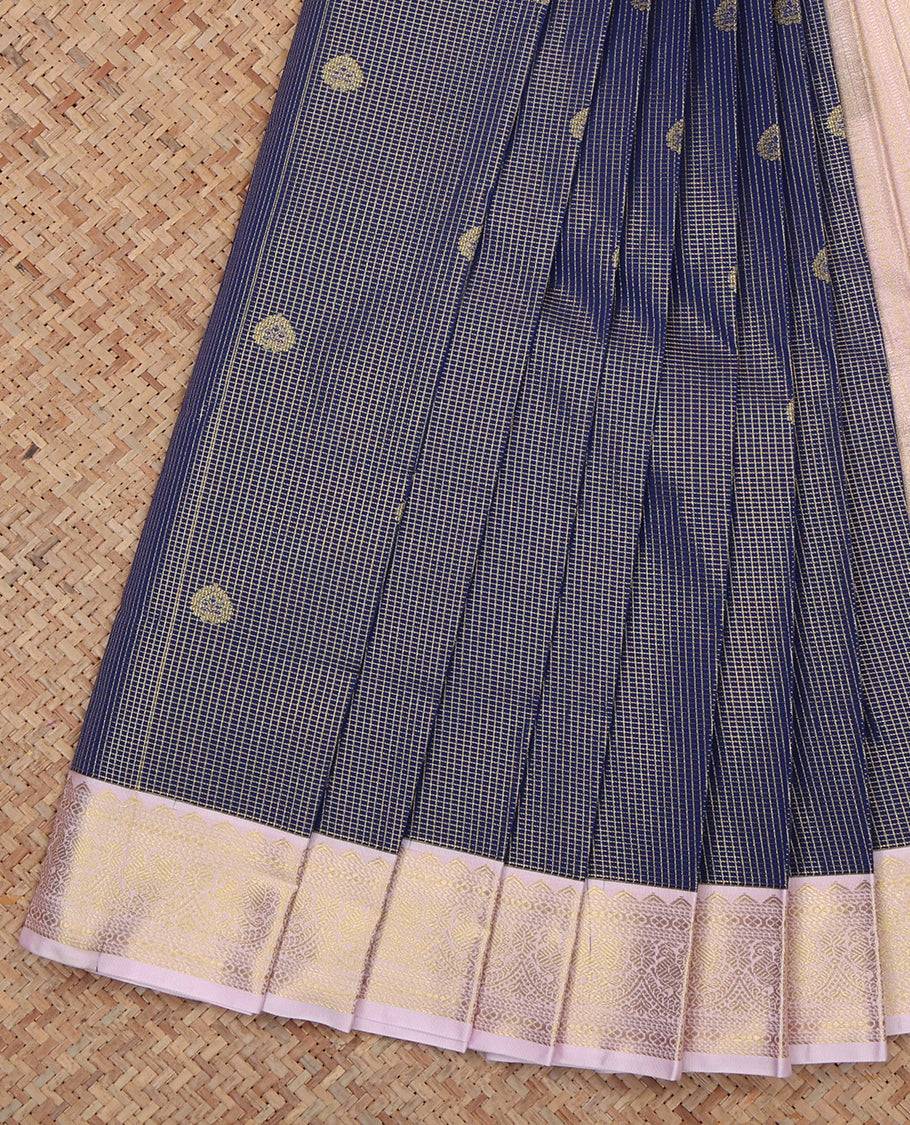 Blue Budget Silk Saree, Masterfully Woven with Zari Buttas and Checks, a Contrast Traditional Zari Border, Geometric Pallu, and a Contrast Blouse