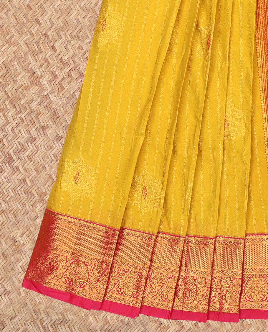 Yellow Budget Silk Saree, Graced with Zari Buttas and Stripes, a Contrast Traditional Zari Border, Grand Jaal Pallu, and a Contrast Blouse