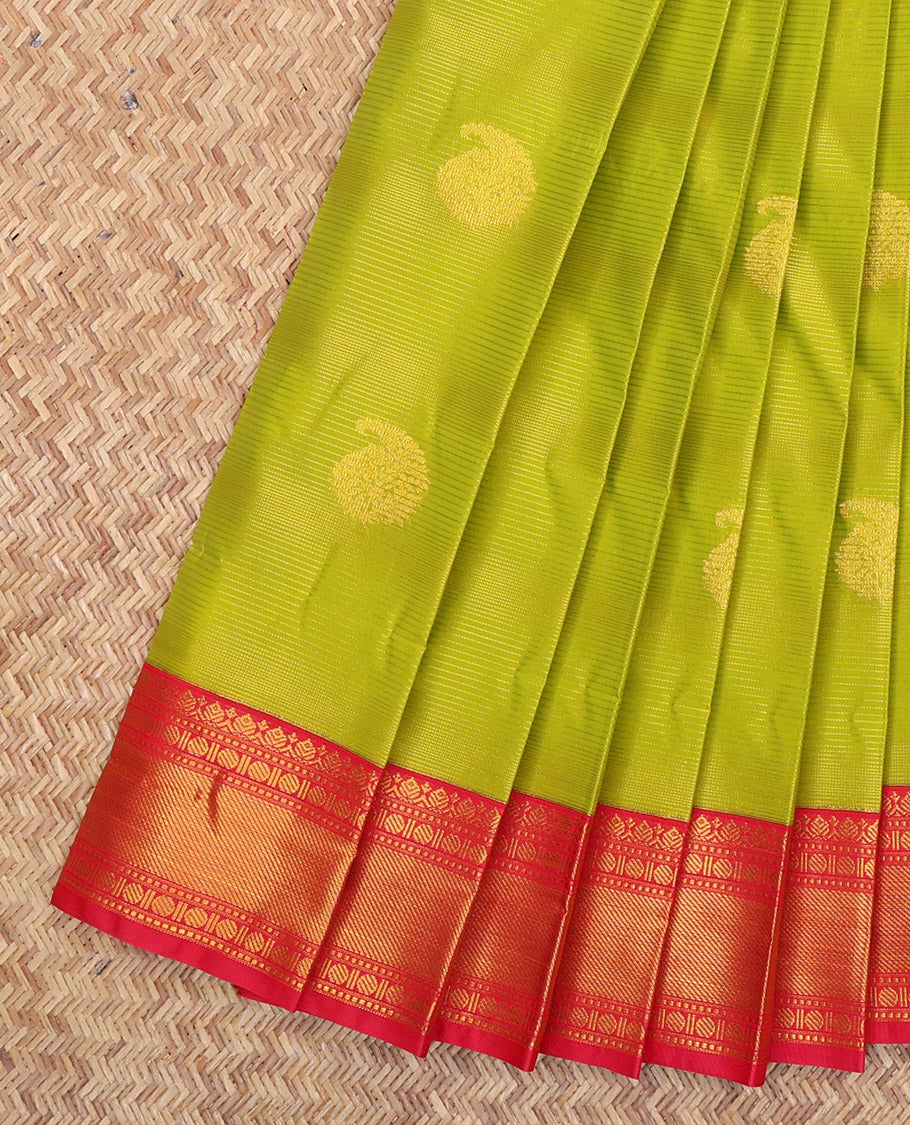 Green Budget Silk Saree, Sparsely Woven with Zari Buttas and Stripes, a Contrast Traditional Zari Border, Grand Pallu, and a Contrast Blouse