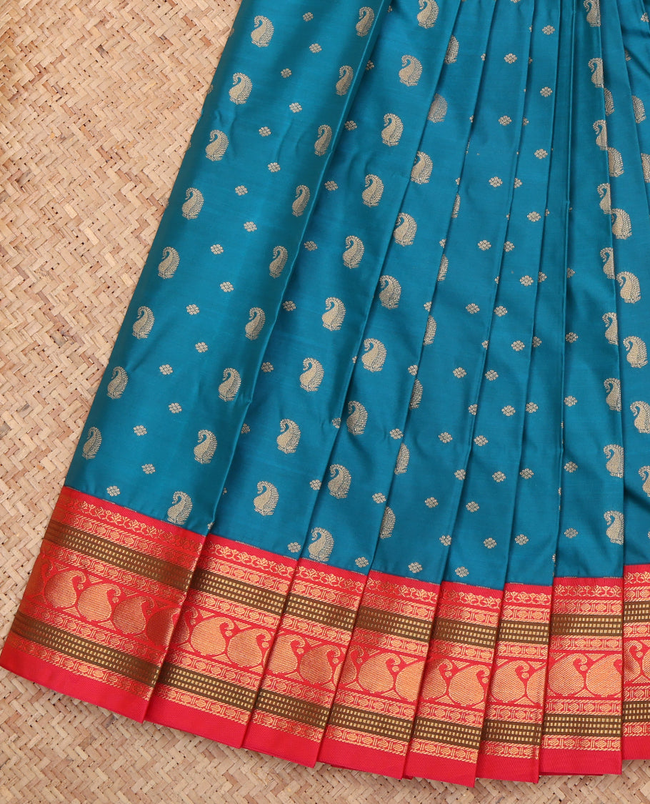 Blue Budget Silk Saree, Woven with Paisley Buttas, a Contrast Traditional Zari Border, Grand Pallu, and a Contrast Blouse