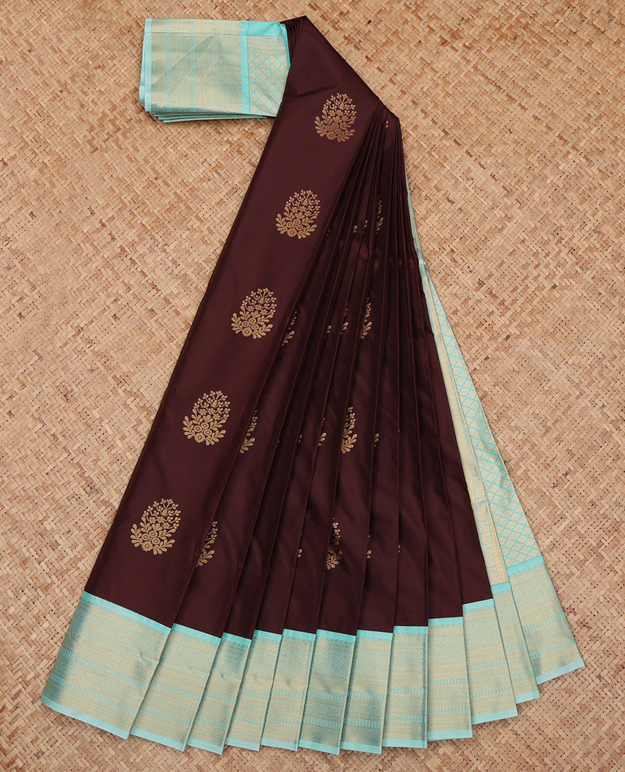 Brown Budget Silk Saree, Beautifully Bedecked with Zari Buttas, a Contrast Traditional Zari Border, Intricate Pallu, and a Contrast Blouse