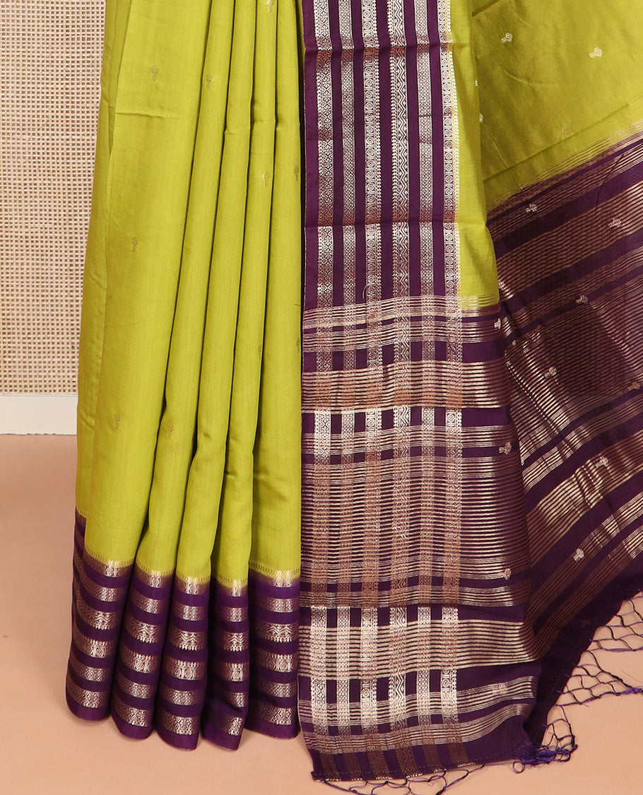 Leaf green zari buttas Assam silk saree, contrast traditional zari design border, and pallu of zari stripes and buttas