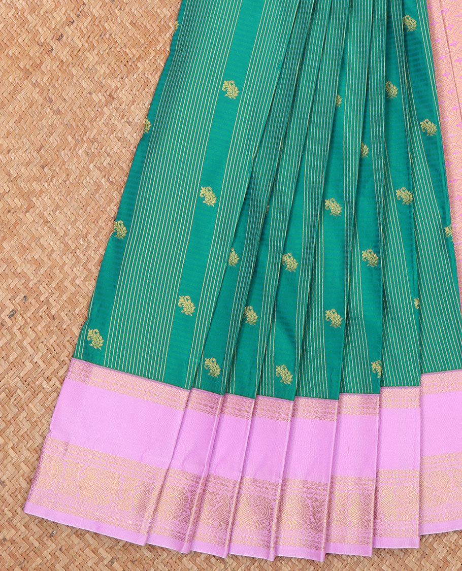 Green Budget Silk Saree, Richly Detailed with Zari Buttas and Stripes All Over Its Body, Complemented by a Contrast Traditional Zari Design Rettai Pettu Border, Opulently Embellished Pallu, and Paired with a Contrast Blouse