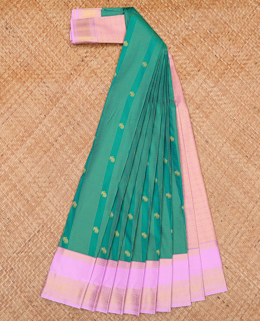 Green Budget Silk Saree, Richly Detailed with Zari Buttas and Stripes All Over Its Body, Complemented by a Contrast Traditional Zari Design Rettai Pettu Border, Opulently Embellished Pallu, and Paired with a Contrast Blouse