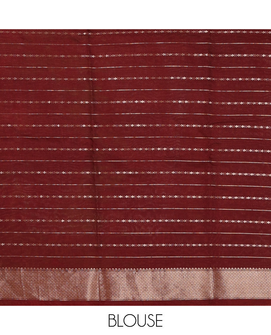 Green horizontal striped Assam silk saree, contrast traditional zari border, and zari striped pallu