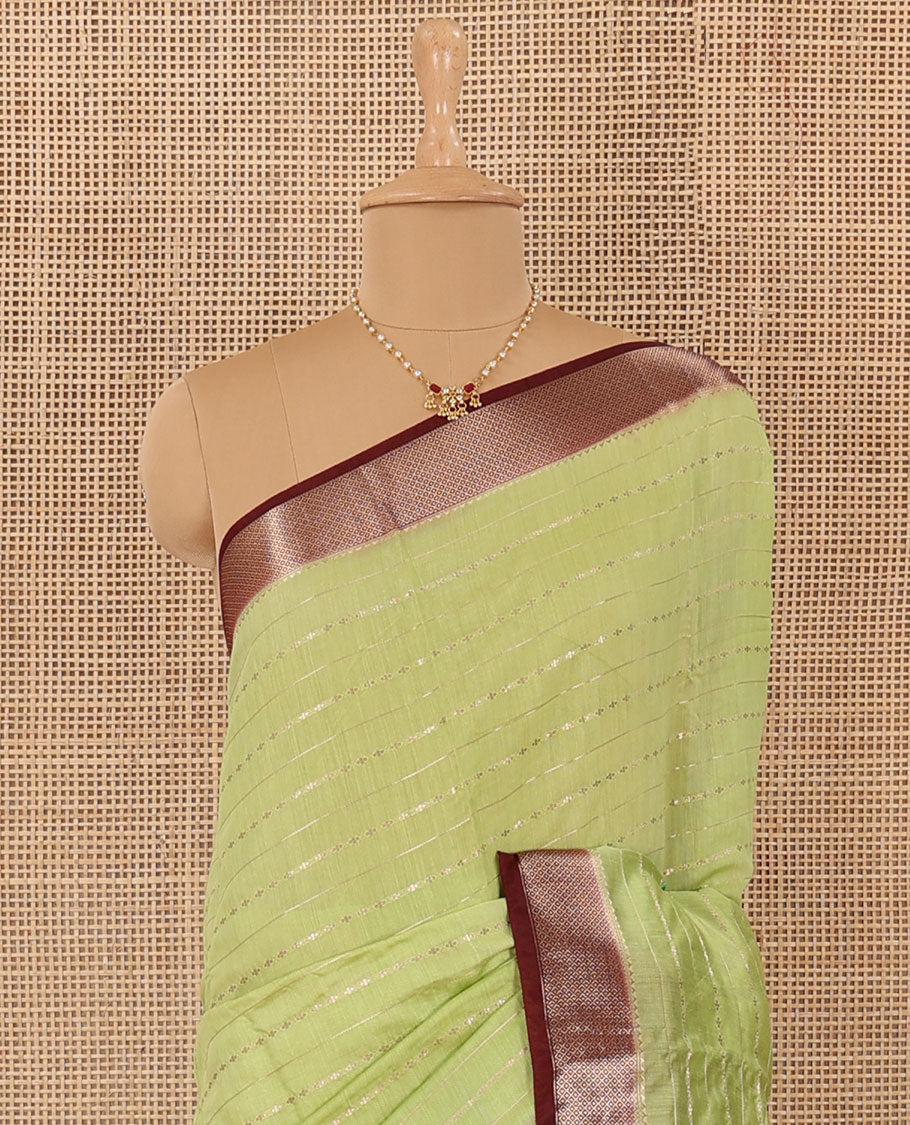 Green horizontal striped Assam silk saree, contrast traditional zari border, and zari striped pallu