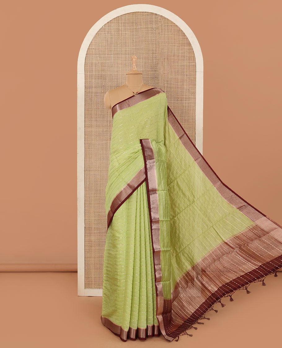 Green horizontal striped Assam silk saree, contrast traditional zari border, and zari striped pallu