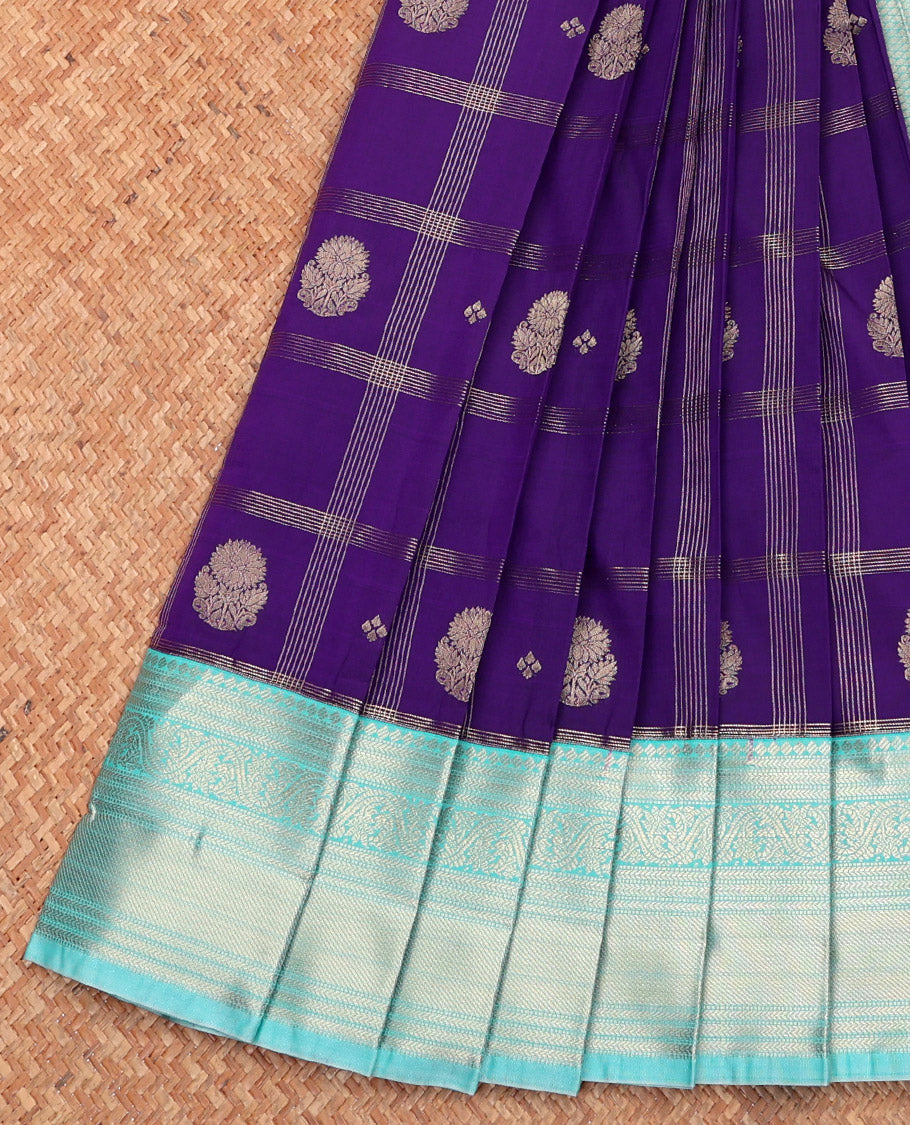 Violet Budget Silk Saree, Boldly Accentuated with Zari Buttas and Checks, Complemented by a Contrast Traditional Zari Border, Sparsely Woven Pallu, and Contrast Blouse