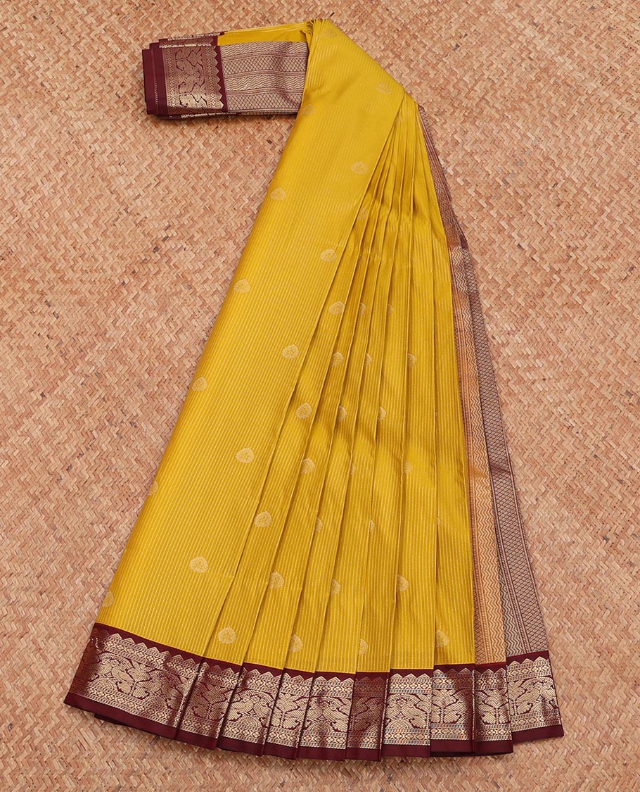 Yellow Budget Silk Saree, Subtly Sparkled with Zari Buttas and Stripes, Complemented by Contrast Traditional Zari Border, Grand Pallu, and Contrast Blouse