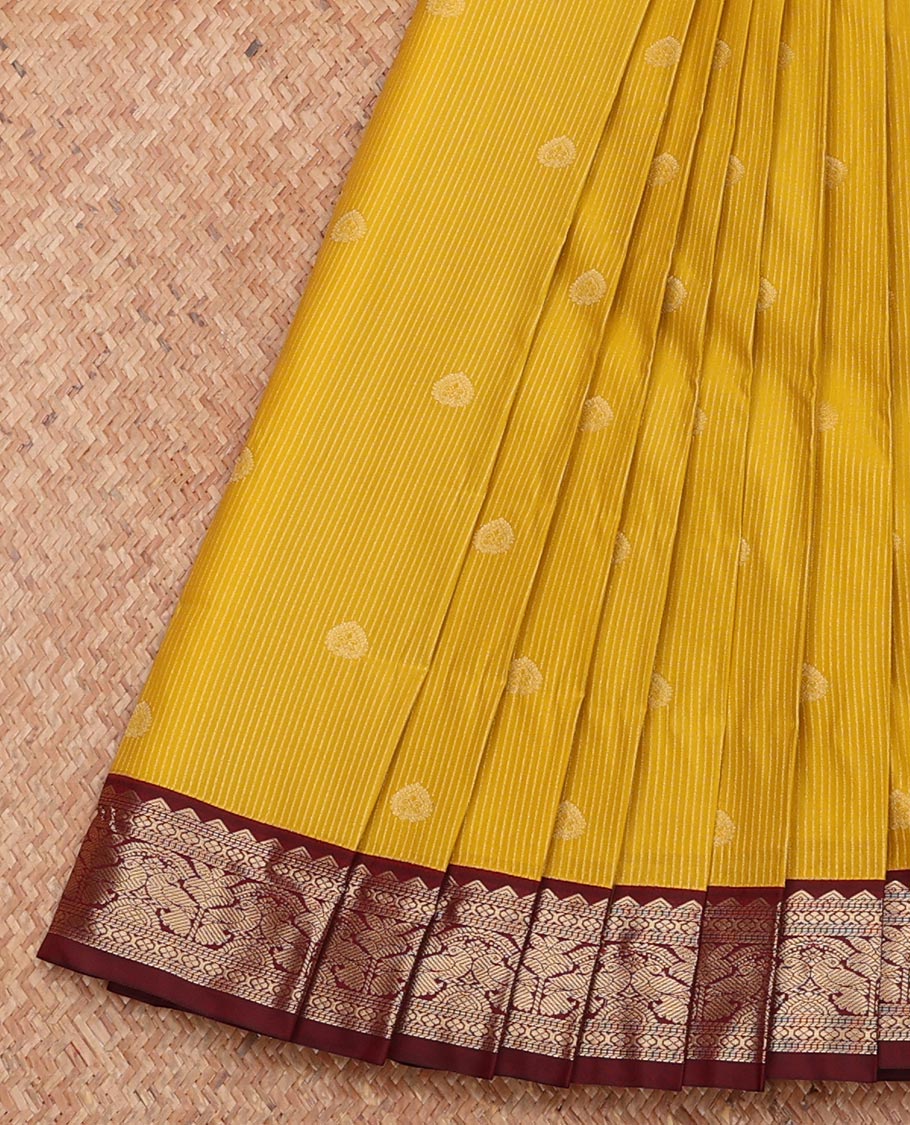 Yellow Budget Silk Saree, Subtly Sparkled with Zari Buttas and Stripes, Complemented by Contrast Traditional Zari Border, Grand Pallu, and Contrast Blouse