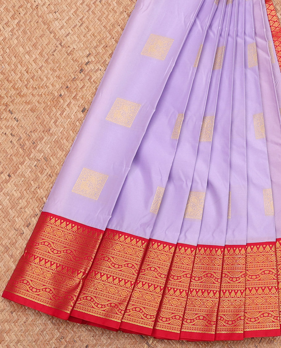 Lavender Budget Silk Saree, Sparsely Sparkled with Zari Buttas, Complemented by a Contrast Traditional Zari Border, Grand Pallu, and a Contrast Blouse