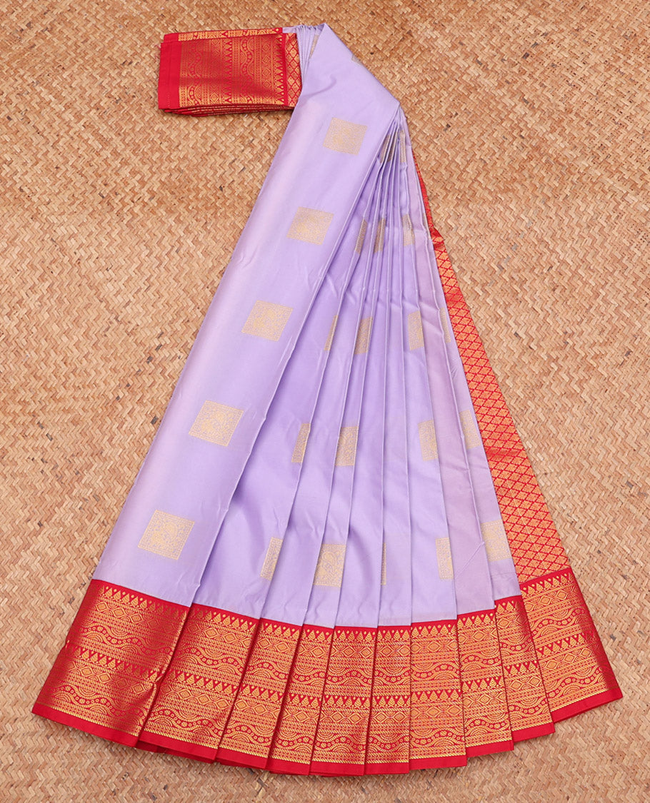 Lavender Budget Silk Saree, Sparsely Sparkled with Zari Buttas, Complemented by a Contrast Traditional Zari Border, Grand Pallu, and a Contrast Blouse