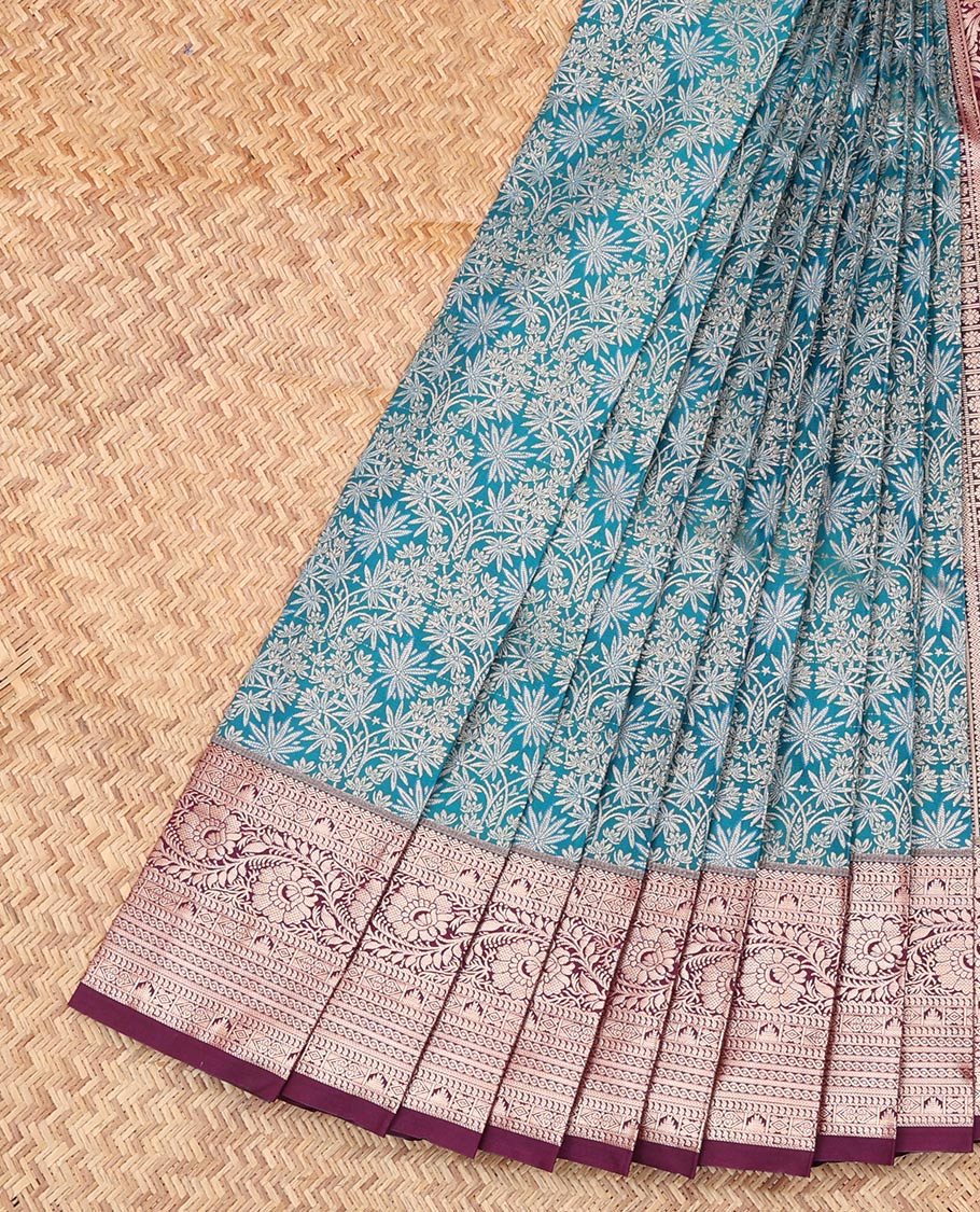 Blue Budget Silk Saree, Delicately Woven with Jacquard Design, Complemented by Contrast Traditional Zari Border, a Grand Pallu and a Contrast Blouse