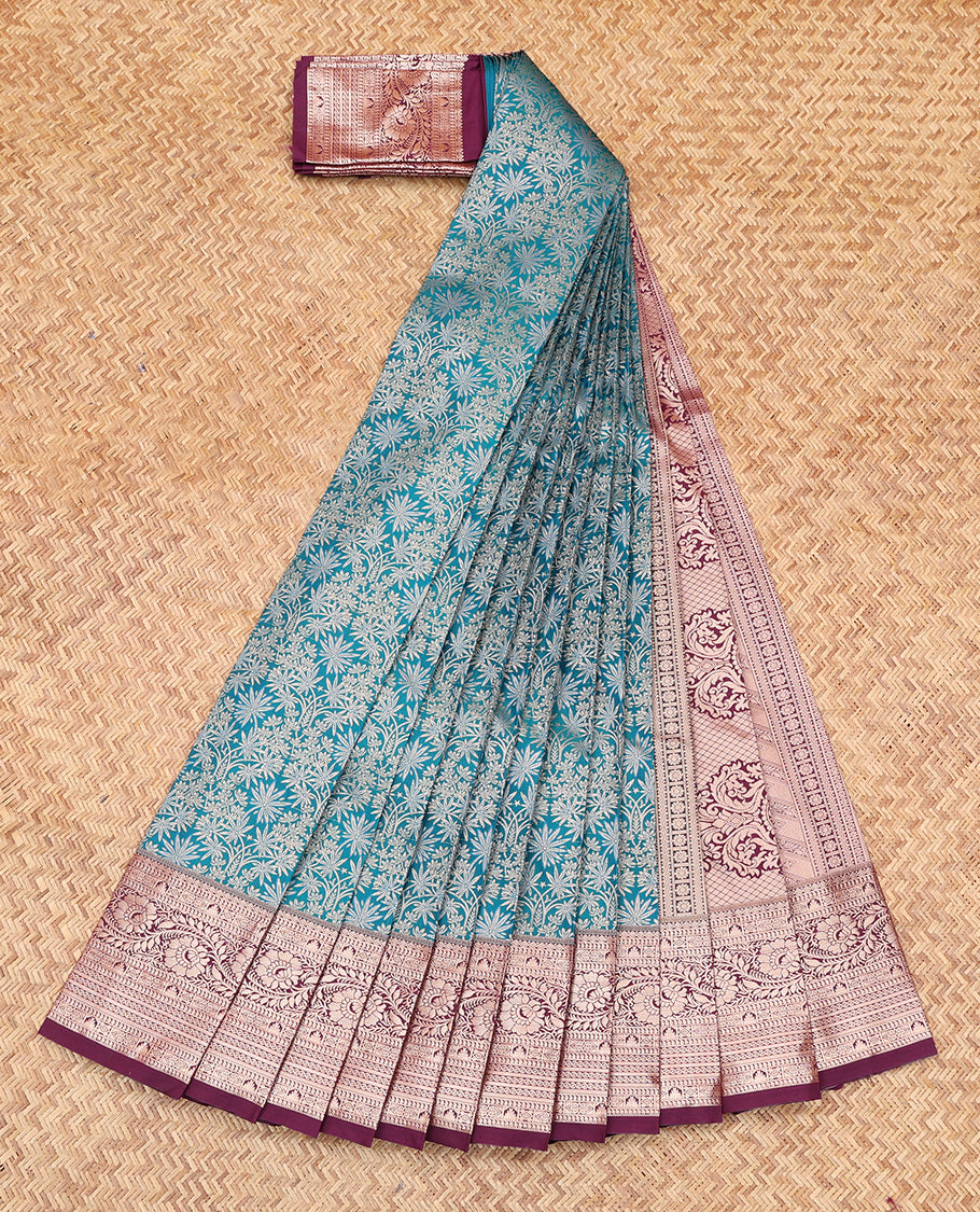 Blue Budget Silk Saree, Delicately Woven with Jacquard Design, Complemented by Contrast Traditional Zari Border, a Grand Pallu and a Contrast Blouse