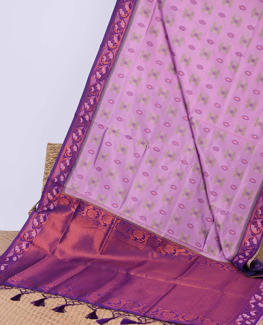 Blue ikkat geometric motifs butter silk saree with contrast floral zari border & intricate floral zari pallu