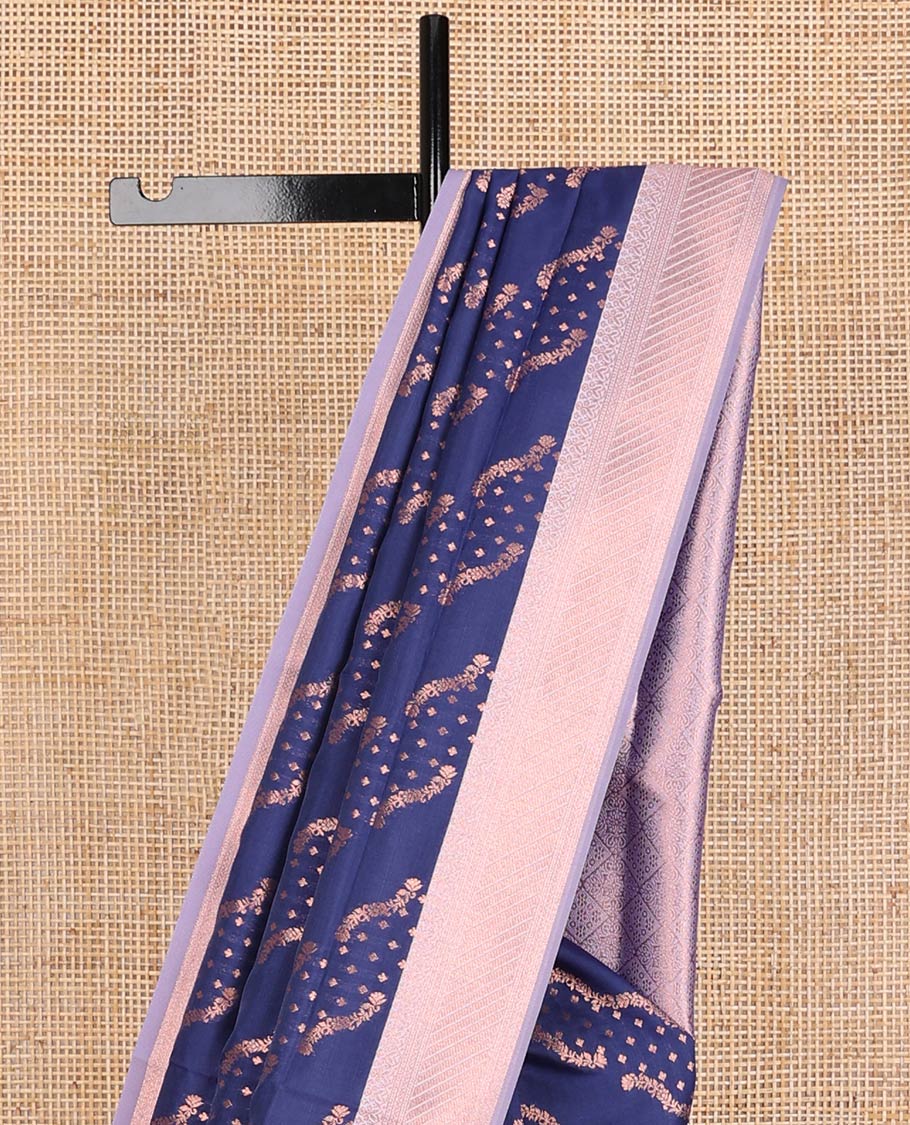 Navy blue butter silk saree with floral zari designs, contrast traditional zari design & jaal pallu