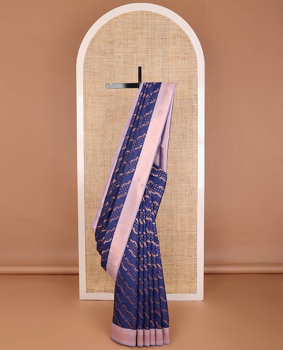 Navy blue butter silk saree with floral zari designs, contrast traditional zari design & jaal pallu