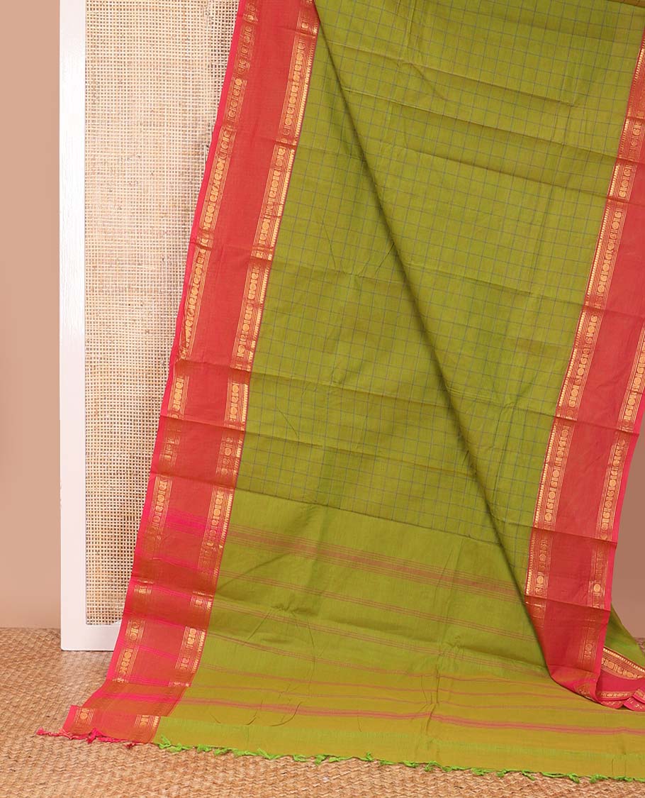 Green checked design chettinad cotton saree, contrast rettai pettu traditional zari border, and striped pallu