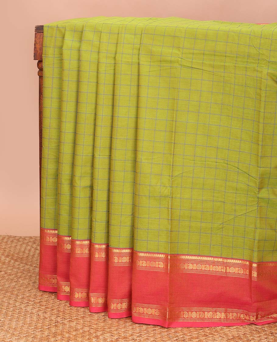 Green checked design chettinad cotton saree, contrast rettai pettu traditional zari border, and striped pallu