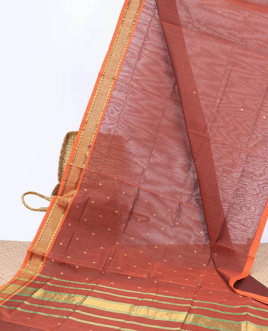 Terracotta color Vengatagiri cotton saree, contrast traditional design border & striped pallu