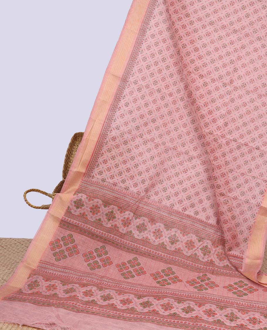 Pink jaal printed budget cotton saree, plain border & intricately printed pallu