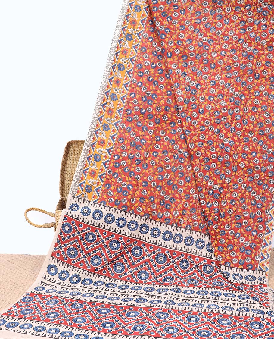 Red floral design machine-printed kalamkari cotton saree with contrast geometric design border & geometric design pallu