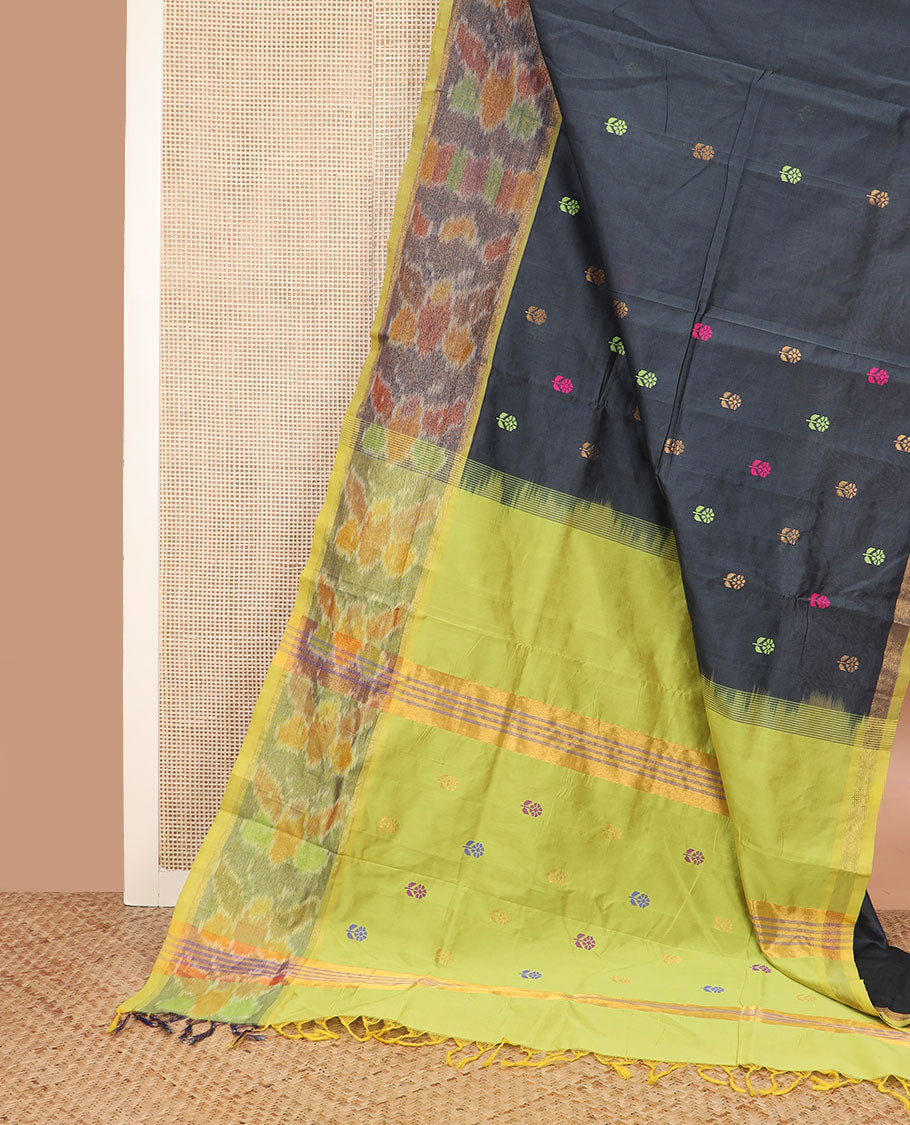 Black thread buttas poly cotton saree, contrast ikkat butterflies, and pallu of buttas and stripes