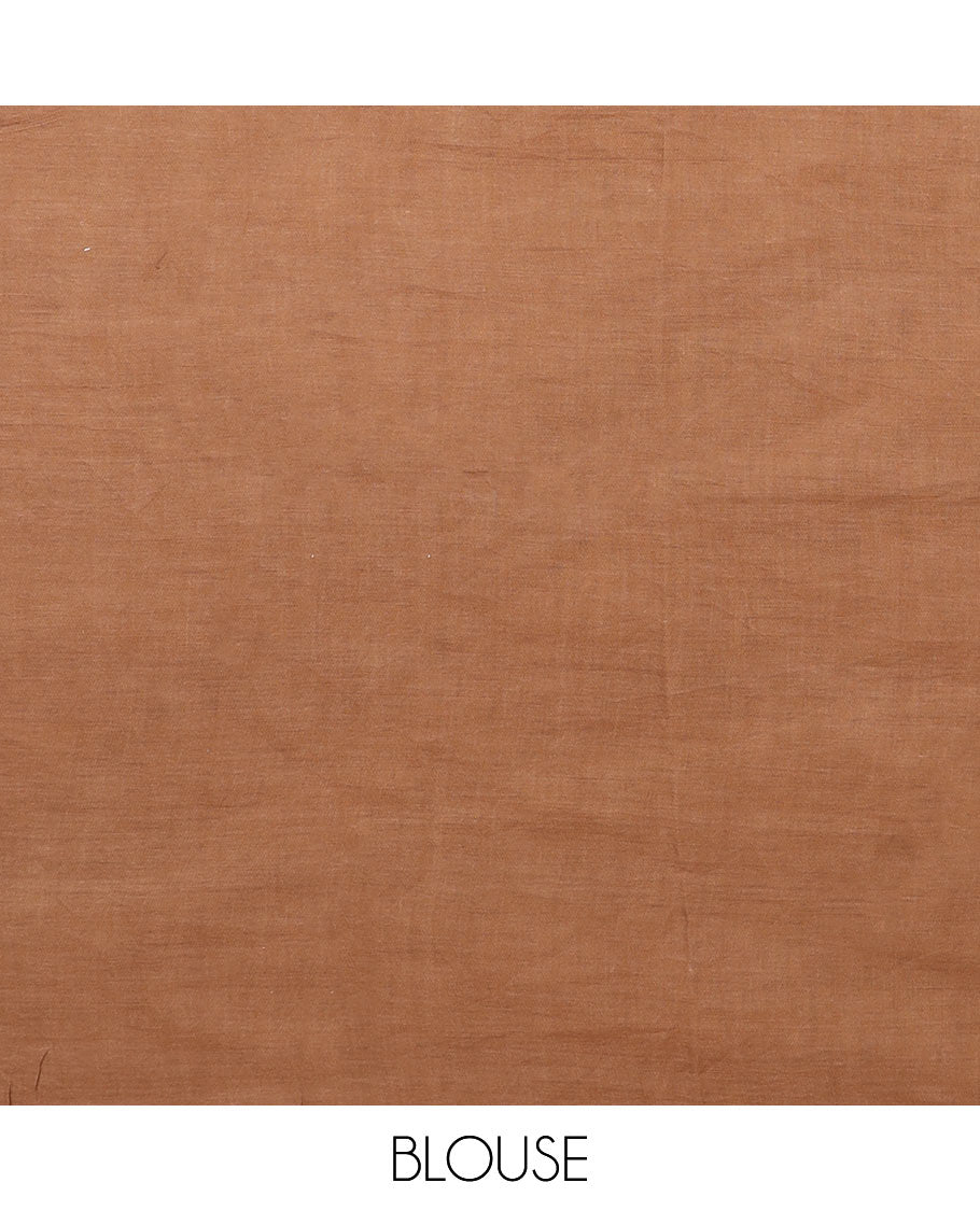 Brown plain and uniquely printed mixed cotton saree, self-border, and leaf motifs printed pallu